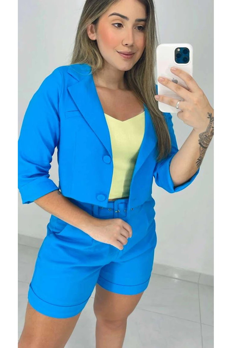 Blazer Curto De Linho - Azul piscina