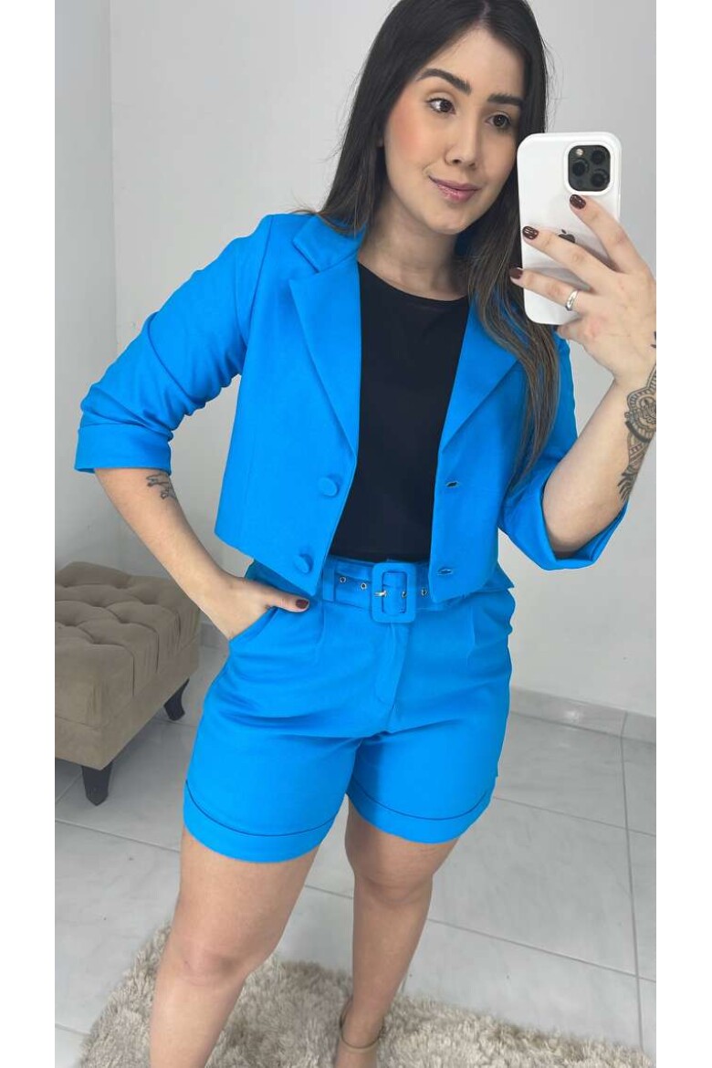 Blazer Curto Manga 3/4 Linho - Azul