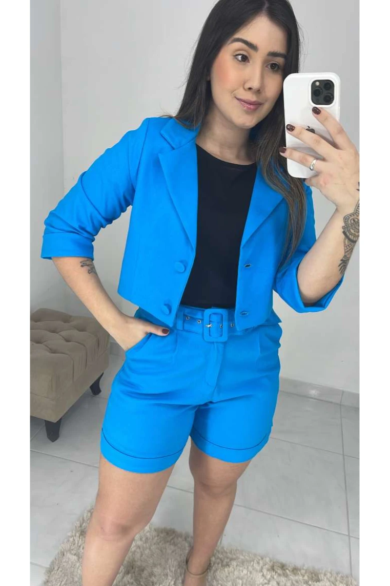 Blazer Curto Manga 3/4 Linho - Azul