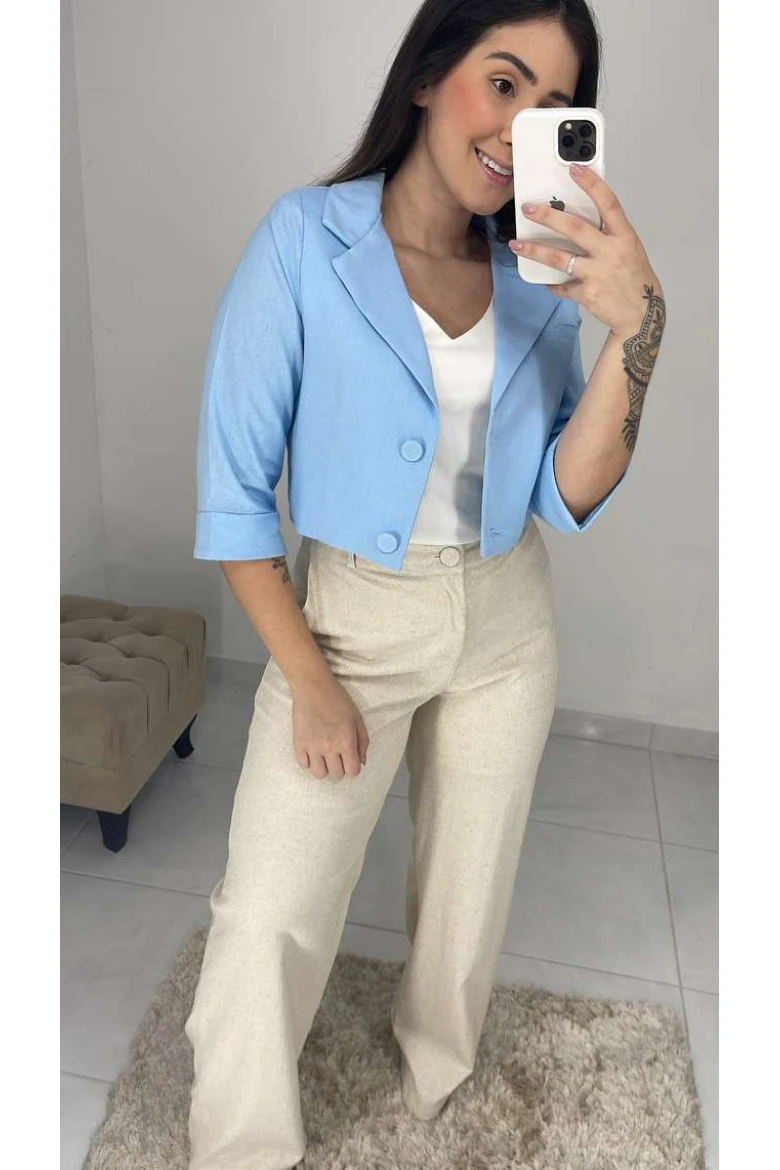 Blazer Curto Manga 3/4 Linho - Azul claro