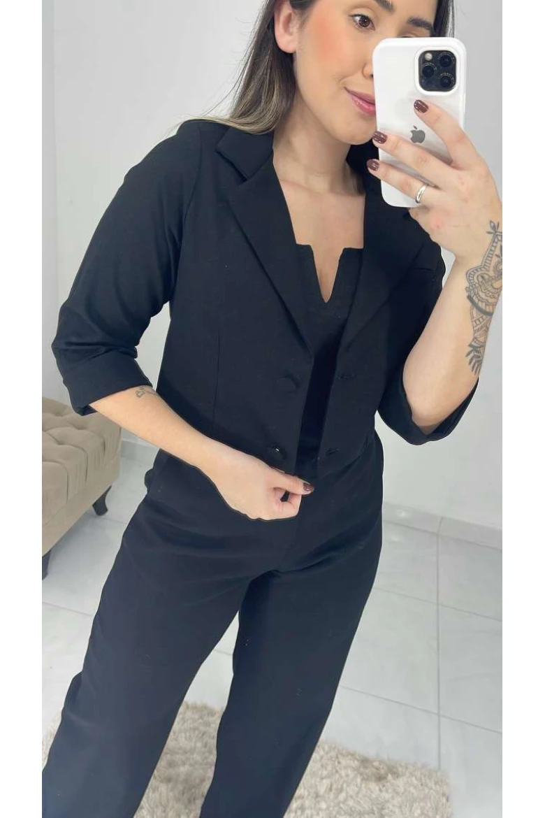 Blazer Curto Manga 3/4 Linho - Preto