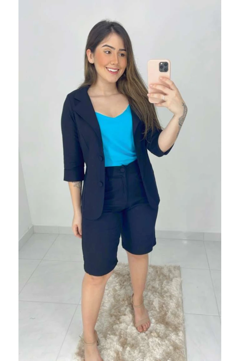 Blazer Manga 3/4 De Linho - Preto