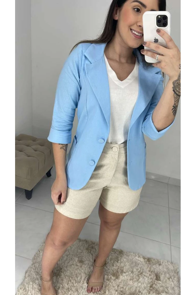 Blazer Manga 3/4 Linho - Azul claro
