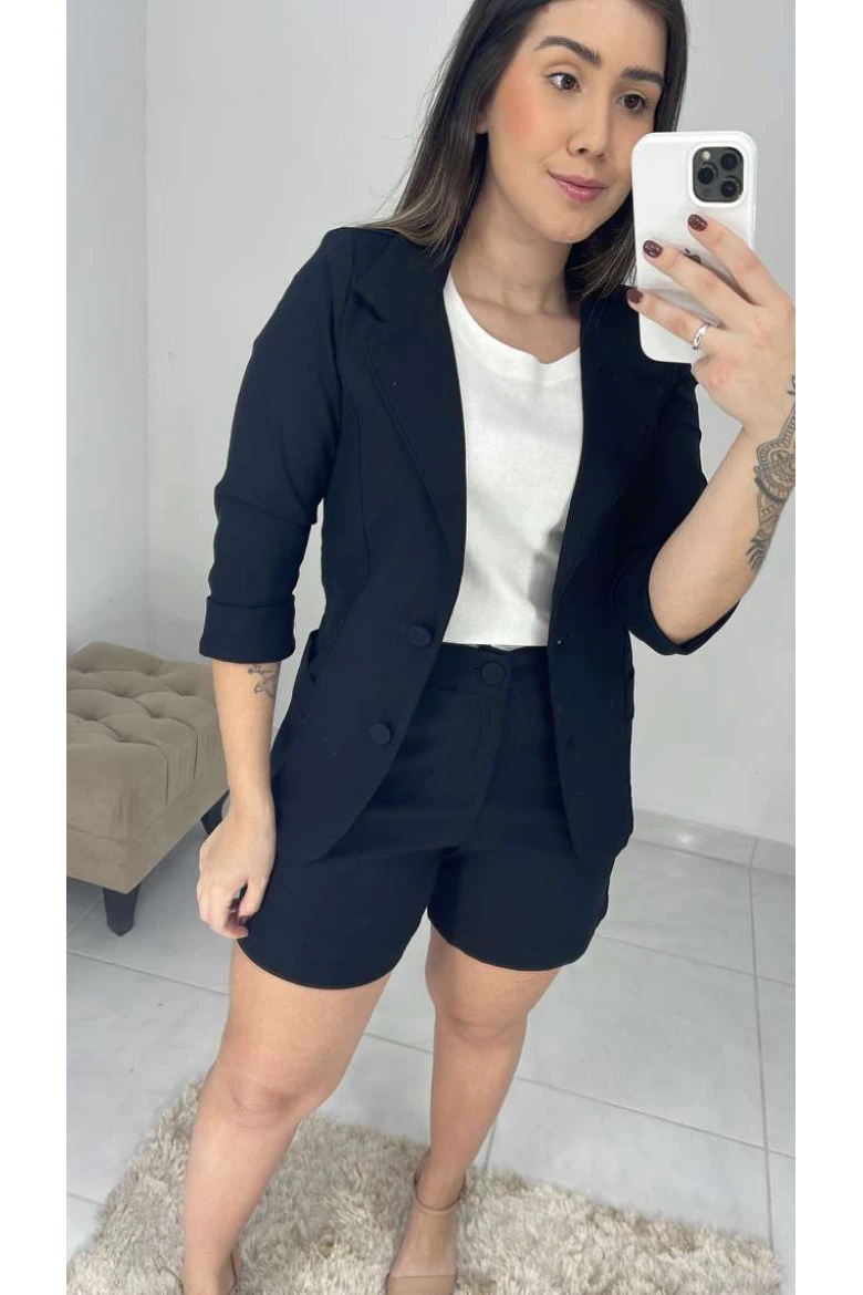 Blazer Manga 3/4 Linho - Preto