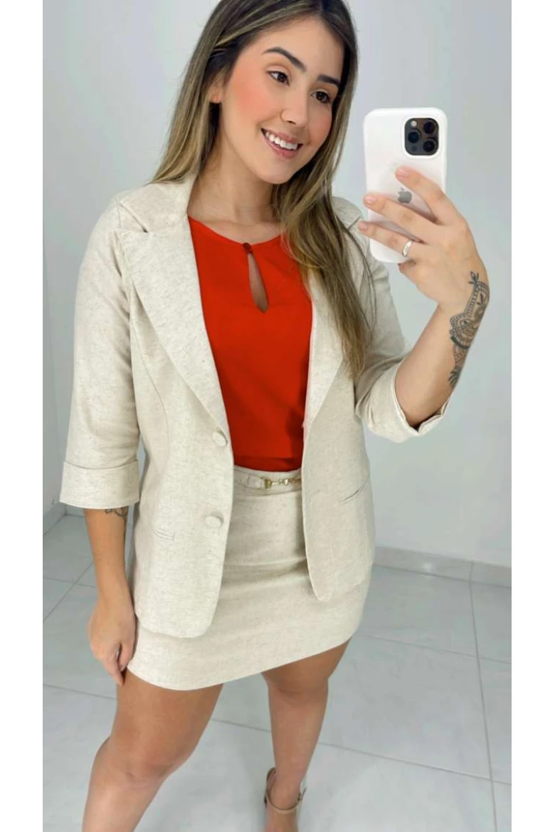 Blazer Manga 3/4 com Bolso Embutido - Natural