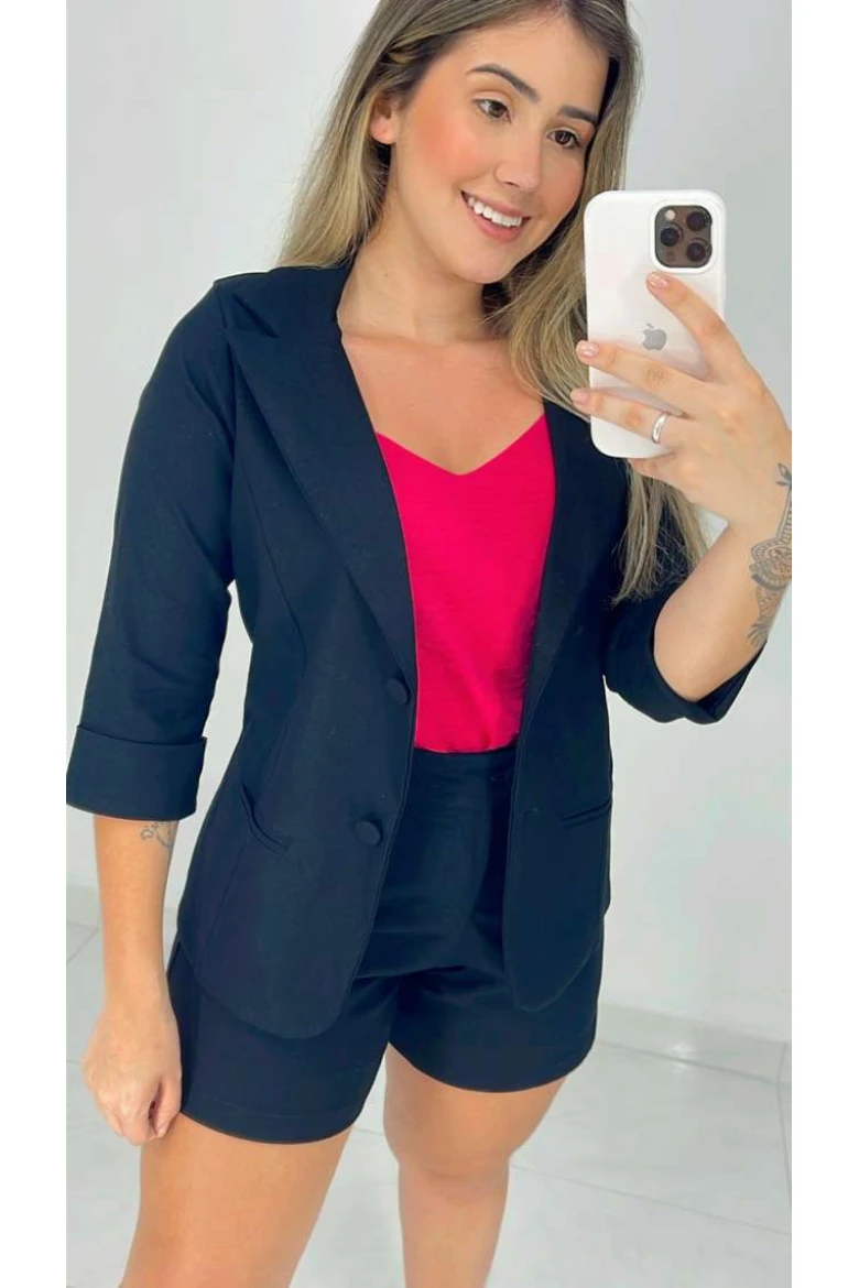 Blazer Manga 3/4 com Bolso Embutido - Preto