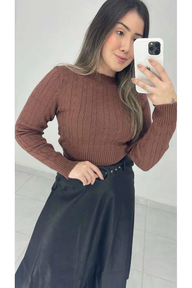 Blusa Cropped Tricot Modal - Café