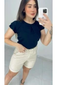 Blusa De Viscose Manga Curta Com Babados - Preto