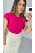 Blusa De Viscose Manga Curta Com Babados - Rosa pink