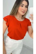 Blusa De Viscose Manga Curta Com Babados - Vermelho