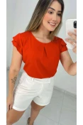 Blusa De Viscose Manga Curta Com Babados - Vermelho