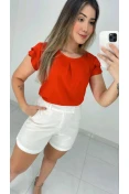 Blusa De Viscose Manga Curta Com Babados - Vermelho