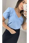 Blusa Decote V Manga Tulipa - Azul