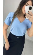 Blusa Decote V Manga Tulipa - Azul