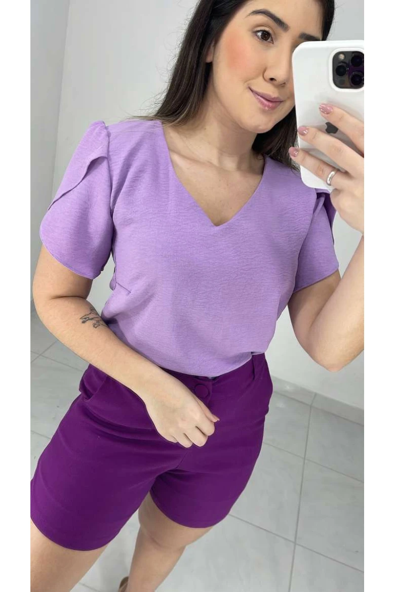Blusa Decote V Manga Tulipa - Lavanda