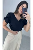 Blusa Decote V Manga Tulipa - Preto