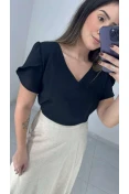 Blusa Decote V Manga Tulipa - Preto