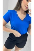 Blusa Manga Curta Decote V Com Viés - Azul pacifico