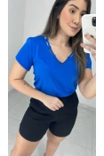 Blusa Manga Curta Decote V Com Viés - Azul pacifico