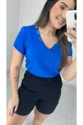 Blusa Manga Curta Decote V Com Viés - Azul pacifico