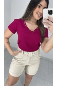 Blusa Manga Curta Decote V Com Viés - Magenta