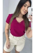 Blusa Manga Curta Decote V Com Viés - Magenta
