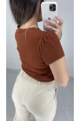 Blusa Manga Curta Decote V Com Viés - Marrom