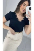 Blusa Manga Curta Decote V Com Viés - Preto