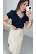 Blusa Manga Curta Decote V Com Viés - Preto