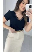 Blusa Manga Curta Decote V Com Viés - Preto