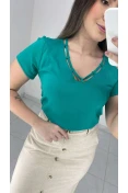Blusa Manga Curta Decote V Com Viés - Verde jade