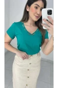 Blusa Manga Curta Decote V Com Viés - Verde jade