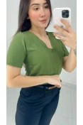 Blusa Manga Curta Decote V - Verde militar