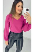 Blusa Manga Longa Decote V - Fucsia