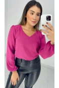 Blusa Manga Longa Decote V - Fucsia