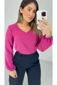 Blusa Manga Longa Decote V - Fucsia