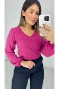Blusa Manga Longa Decote V - Fucsia