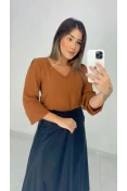 Blusa Manga Longa Decote V - Marrom
