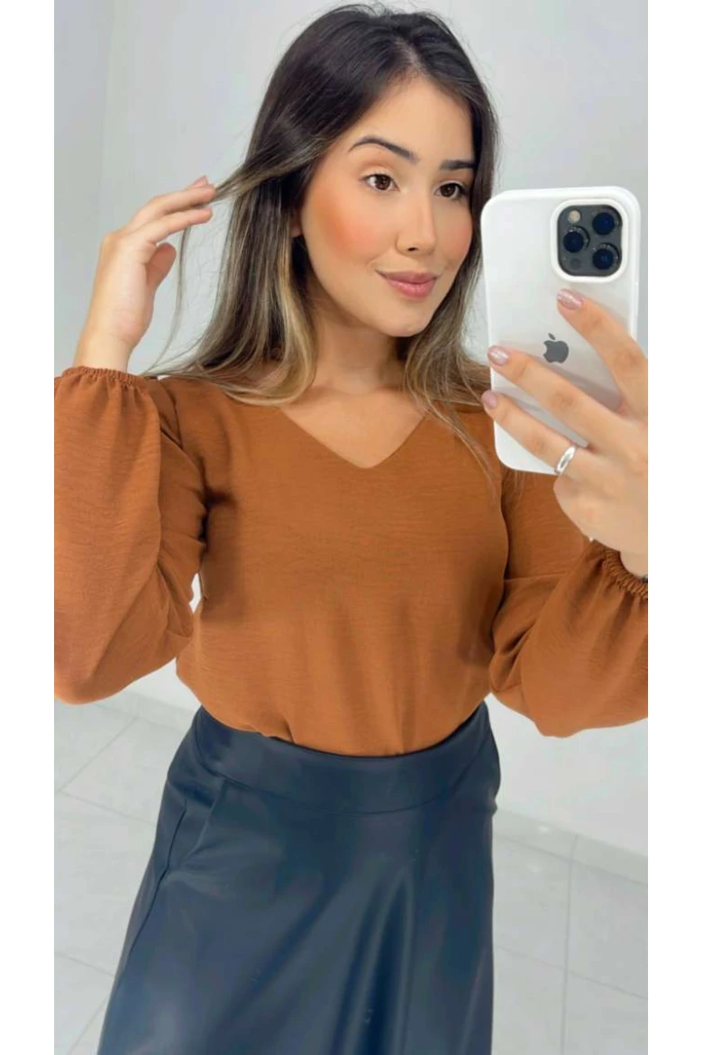 Blusa Manga Longa Decote V - Marrom