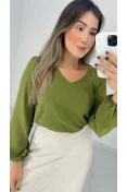 Blusa Manga Longa Decote V - Verde militar