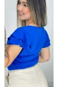 Blusa Viscose Decote V E Babados - Azul pacifico