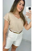 Blusa Viscose Decote V E Babados - Bege