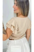 Blusa Viscose Decote V E Babados - Bege