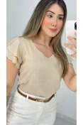 Blusa Viscose Decote V E Babados - Bege