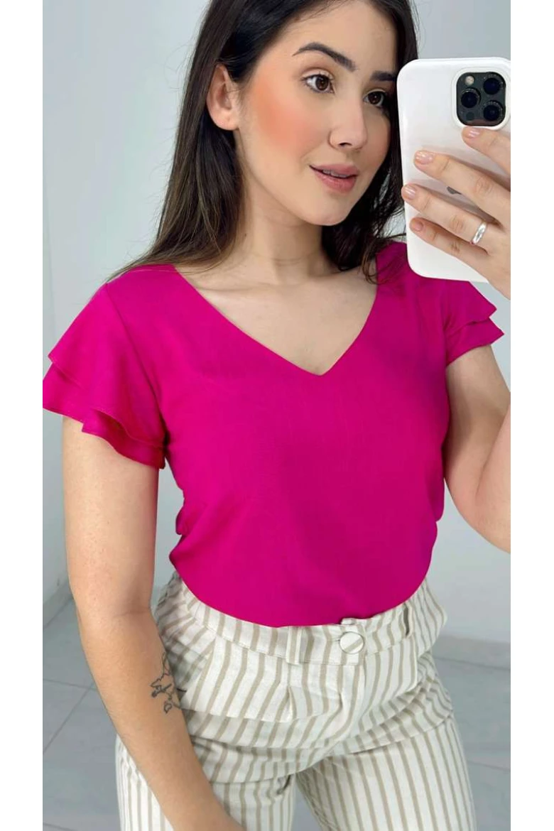 Blusa Viscose Decote V E Babados - Rosa