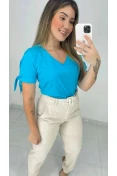 Blusa Viscose Manga Com Fenda Decote V - Azul piscina