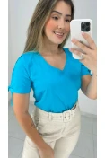 Blusa Viscose Manga Com Fenda Decote V - Azul piscina