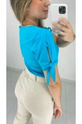 Blusa Viscose Manga Com Fenda Decote V - Azul piscina