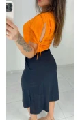 Blusa Viscose Manga Com Fenda Decote V - Laranja