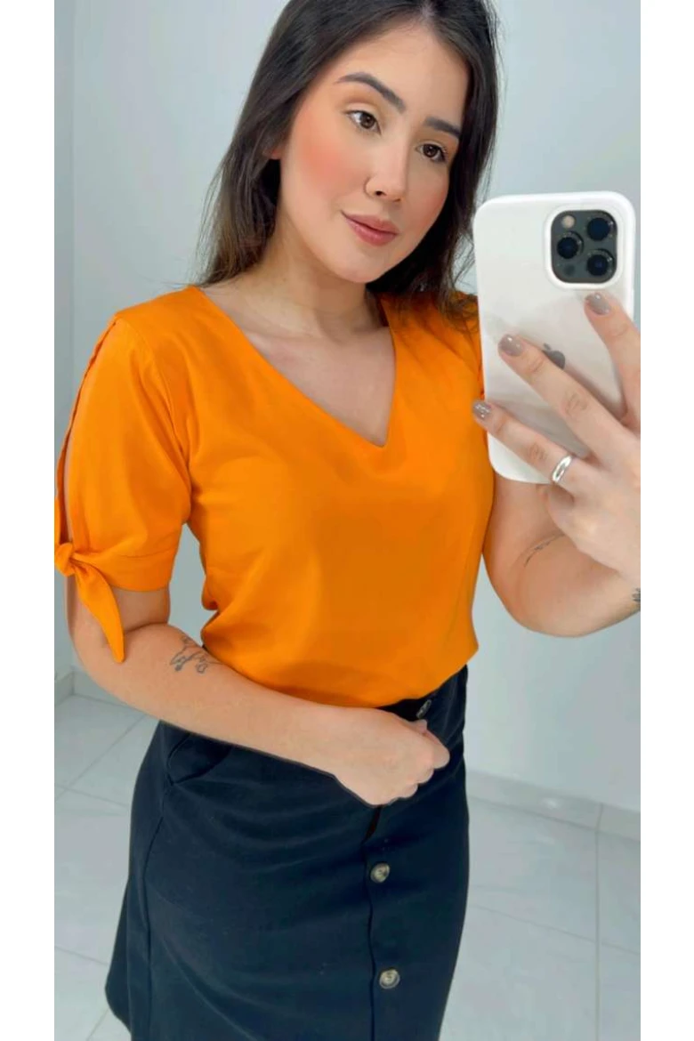 Blusa Viscose Manga Com Fenda Decote V - Laranja